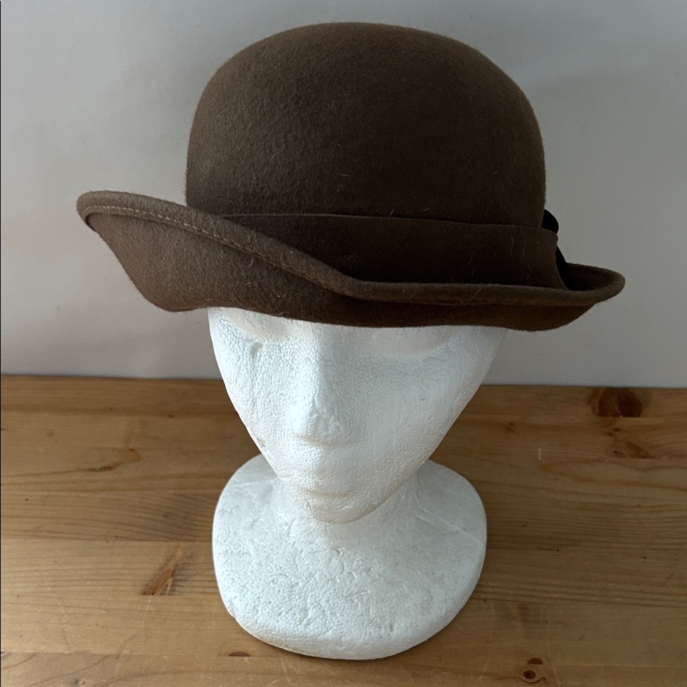 Sopratutto Cappelli Cloche Hat Vtg Brown Wool Felt w Velvet Made in Italy 56 cm